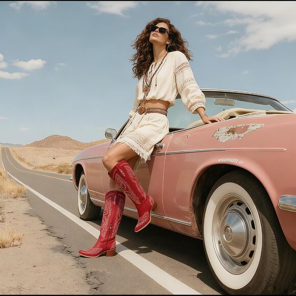 ⚡Women's Red Knee High Western Boots With Classic Embroidered Chunky Heel - Picture 3 of 6